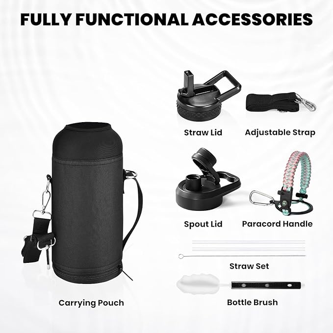 Insulated Water Bottle 32 oz, Triple Wall Vacuum Stainless Steel (Cold for 48 Hrs), Leak Proof & Non-BPA, Modern Water Flask Jug with Paracord Handle & Straw Spout Lids, Hydrangea