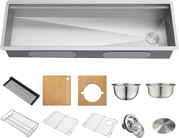 Kraus KWU210-57 Kore 2-Tier Workstation Undermount 16 Gauge Stainless Steel Single Bowl Kitchen Sink with 10 Piece Chef’s Kit of Accessories, 57 inch