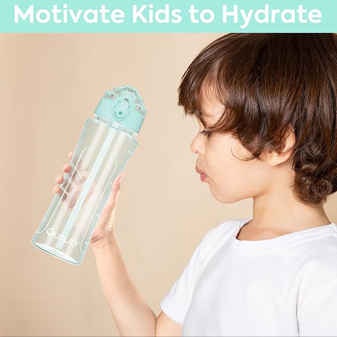 OLDLEY Kids Water Bottle with Straw 15 oz BPA-Free Leak-Proof Motivational Water Bottles with Time Marker for School Sports Travel Gym, Easy to Use for Girls Goys, 1 Straw Lid, Transparent-green