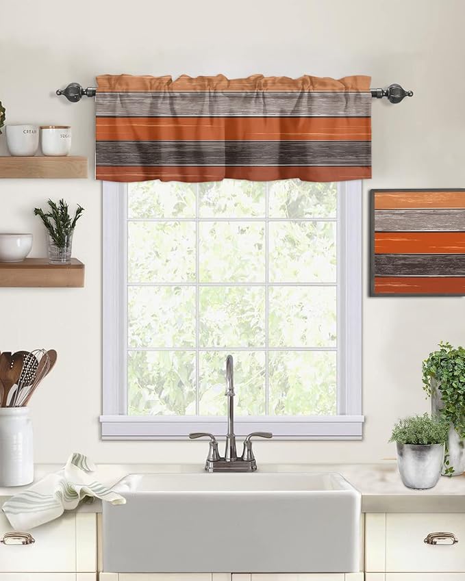 Farmhouse Kitchen Curtains Thanksgiving Fall Valances for Windows Burnt Orange Gray Rod Pocket Country Window Treatment for Kitchen /Living Room/Bedroom/ Bath,54" X 18" -1 Panel, Rustic Wood Texture