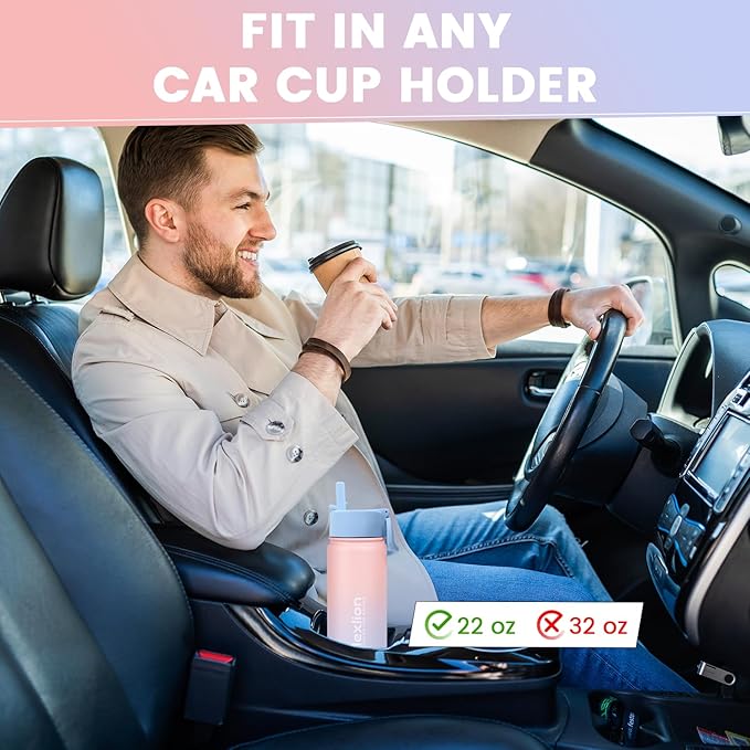 Water Bottle 22oz, Triple Walled Insulated Stainless Steel Reusable Bottle, Silicone Sleeve, Cleaning Brush, 2 Lids (Spout lid & Straw lid w/2 straw), Metal Mug Gallon, BPA Free, Pinky