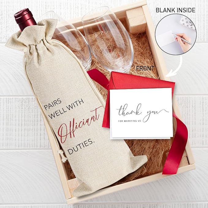 Wedding Gifts for Officiant, Wedding Officiant Wine Bag for Wedding Day, Best Officiant Ever, Pairs Well With Wedding Officiant, Drawstring Burlap Wine Bag, 1 Wine Bag With 1 Thankful Card (Red)