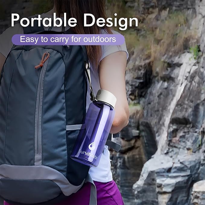 SurviMate 0.01μm Ultra-Filtration Filtered Water Bottle, Portable Water Filter Bottle with 4-Stage Filtration for Survival, Camping, Hiking, Backpacking, Drinking, Emergency