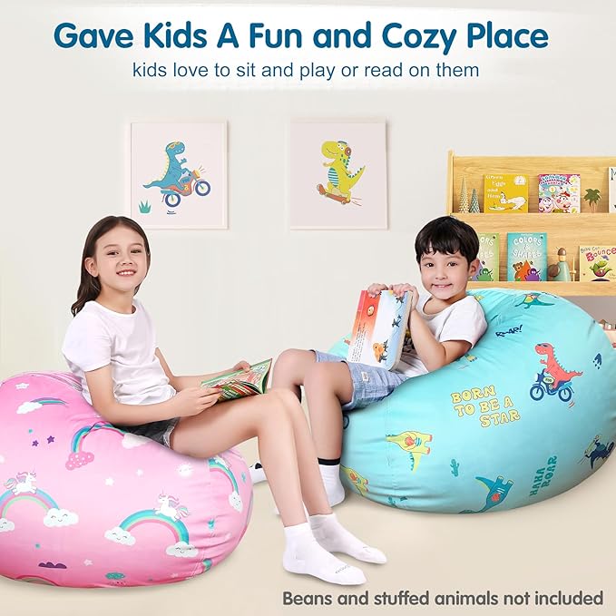 Lukeight Stuffed Animal Storage Bean Bag Chair Cover for Kids, Dinosaur Zipper Beanbag Chair Cover for Organizing Toddler and Kids' Rooms Plush Toys (Dino Blue, Large)