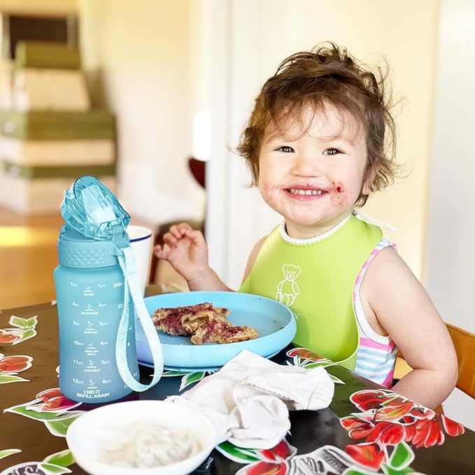 OLDLEY Kids Water Bottle for School, 12 oz (2 lids) BPA-Free Reusable Leak-proof Durable Tritan Plastic Water Bottles with Straw & Chug Lids, Anti-dust Spout Cover (Bluenavy)