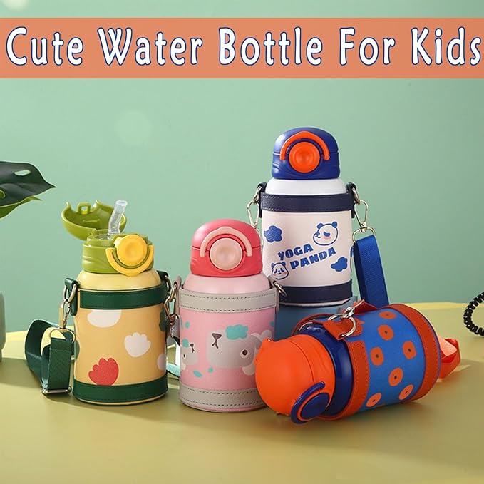 Cute Water Bottle with Sleeve and Straw, Kawaii and Vacuum Insulated Stainless Steel Metal Water Jug for School Camping Sports Travel (BLUE)