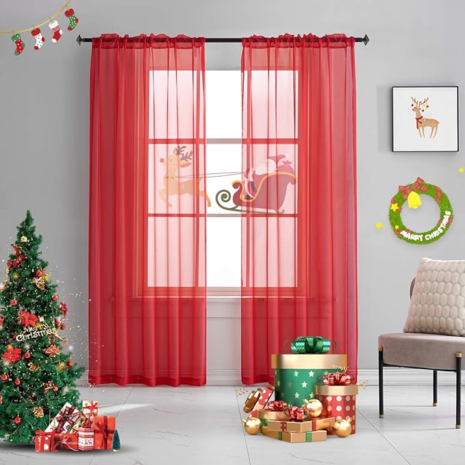Red Sheer Curtains 72 Inches Long 2 Panels Translucent Voile Solid Color Window Treatment Rod Pocket Red Sheer Curtains for Bedroom Living Room Party 2 Panels 52x72