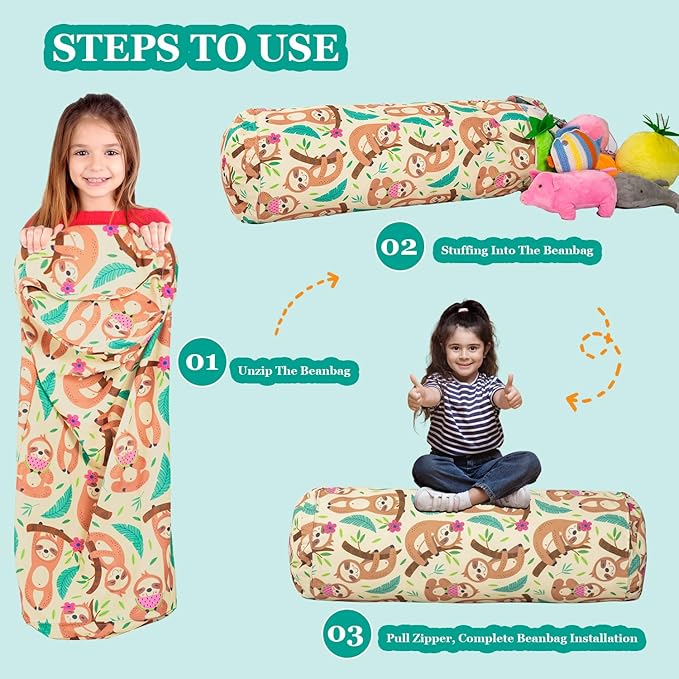 Stuffed Animal Bean Bag Storage Chair for Kids Cover Only (No Filler), Organize, Sit, Play & Boxing, 100% Cotton Canvas Washable, Ultra Soft Cylinder Long Vertical Zipper Best Gift for Child