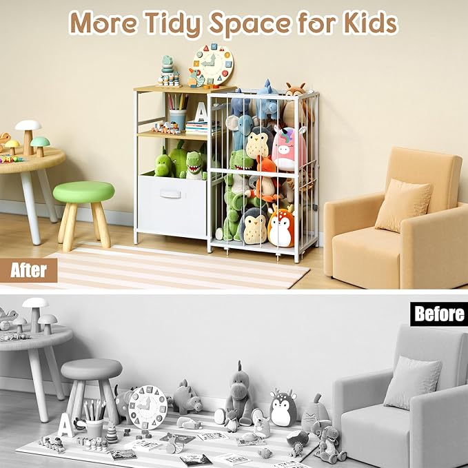 Stuffed Animal Storage, Kids Toy Storage Organizer with Toy Box for Boys Girls Kids Toddlers Baby, Stuff Animal Organizer with Elastic Cord for Playroom Living Room and Kids Room Organization