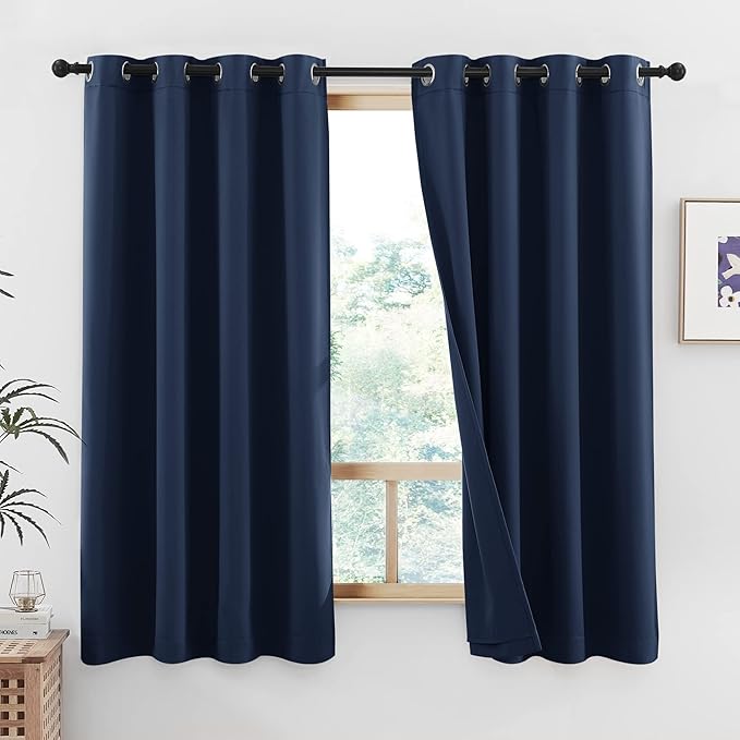 NICETOWN 100% Blackout Curtains with Same Color Liners, Thermal Insulated 2-Layer Lined Drapes, Energy Efficiency Small Window Draperies for Dining Room (Navy Blue, 2 PCs, 52 inches W by 45 inches L)