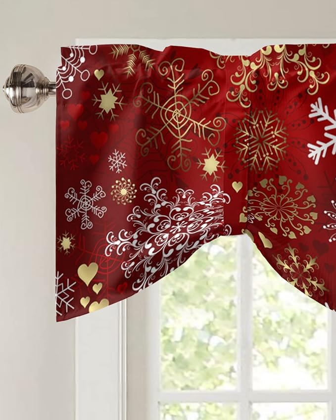 Christmas Blackout Tie Up Valance Curtains for Kitchen Windows Snowflake Pattern Window Toppers Balloon Shades for Living Room/Bathroom/Bedroom,1 Panel,42" X 18" Gold White