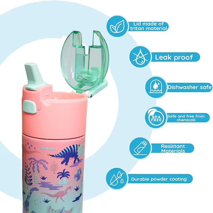 Kids insulated water bottle with straw and snack cup. Double wall stainless steel 14oz (black and green space)