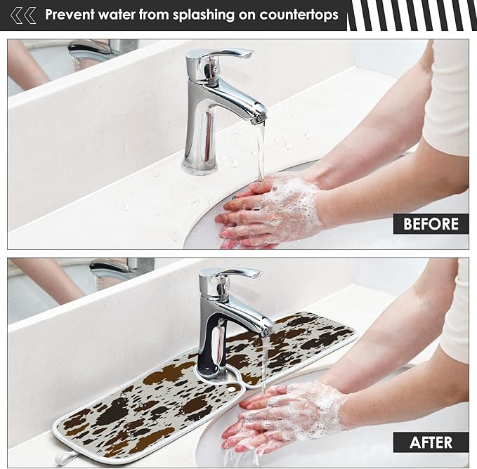 Kitchen Faucet Absorbent Mat,Cowhide Leather Water Splash Guard for Sink, Faucet Drip Catcher Thicken Sponge Microfiber Faucet Water Catcher Mat Sink Absorbent Mat for Kitchen 23x5in 2 Pack