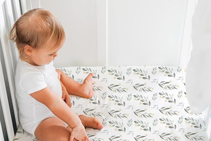 TotAha Premium Stretchy Crib Sheets (2-Pack)-Hypoallergenic, Silky Comfort, Buttery Soft, Calming Effect, All-Season Jersey-Knit Sheets, 9'' Extra Deep Pocket (Pink Buds & Green Leaves)