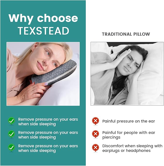 Ear Pillow with Ear Piercing for Side Sleeping, Ear Hole Memory Foam Pillows for CNH and Ear Pain Ear Inflammation Pressure Sores, Travel, Gray