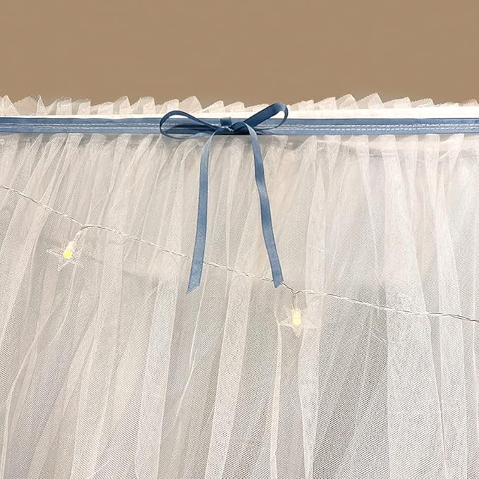 Mengersi Canopy Bed Curtains with Lights,4 Corner Bed Canopy Royal Luxurious Bed Drapes Netting,Princess Bed Curtains for Girls Adults Bedroom Decoration (Gray Blue, Twin)
