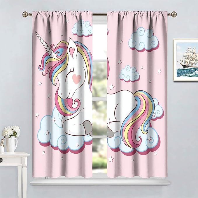 Unicorn Curtain for Kids Bedroom,Pink Cartoon Rainbow Darkening Curtains Decor Sliding Curtains Decorative Curtains for Girls Boys Baby Room,Living Room Decoration 42x45inch