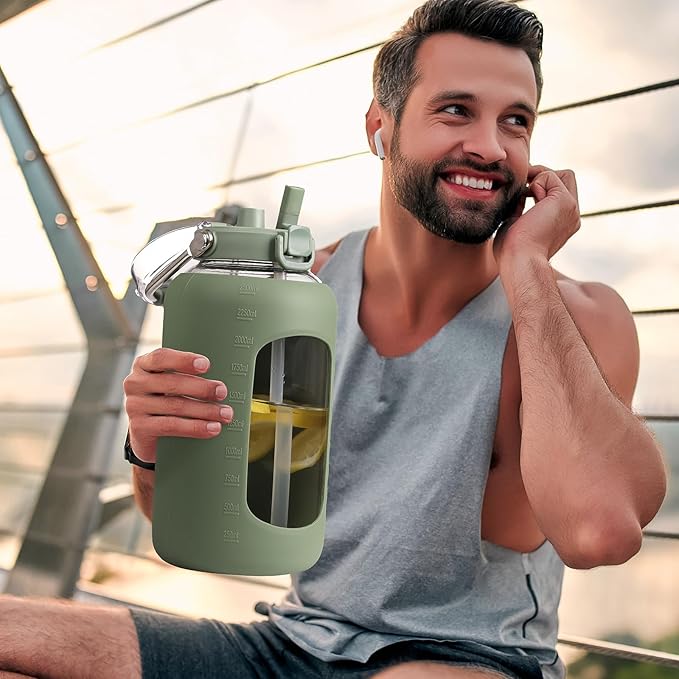 84oz Glass Water Bottle with Stainless Steel Handle,2.5L Gallon Water Bottle With 2-IN-1 Straw Lid, Silicone Sleeve and Motivational Capacity Marker, Wide Mouth Water Jug For Gym, Workout, Olive