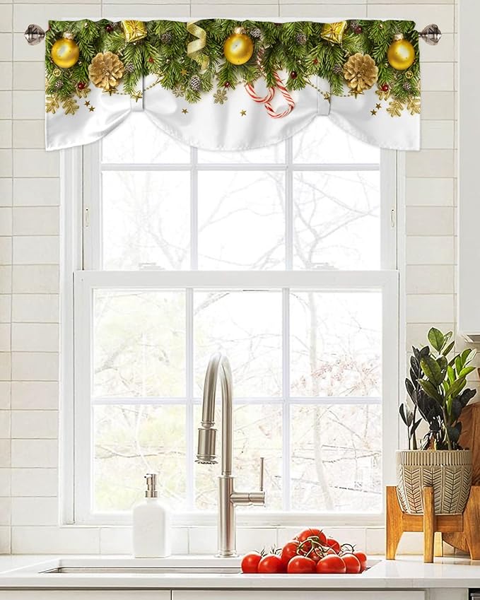 Christmas Blackout Tie Up Valance Curtains for Kitchen Windows Pine Cones Window Toppers Balloon Shades for Living Room/Bathroom/Bedroom,1 Panel,54" X 18" Golden Ornament Balls