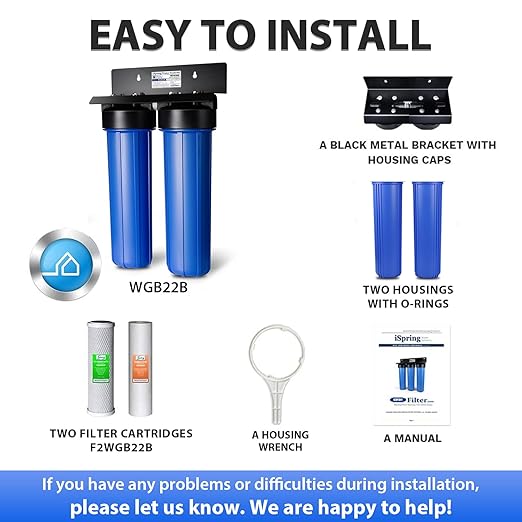 iSpring WGB22B 2-Stage Whole House Water Filtration System with 20” x 4.5” Fine Sediment and Carbon Block Filters, Removes 99% of Chlorine