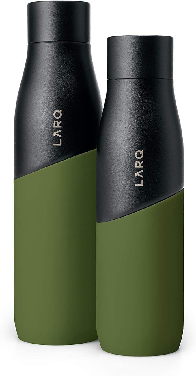 LARQ Bottle Movement PureVis 24 oz- Lightweight Self-Cleaning and Non-Insulated Stainless Steel Water Bottle with UV Water Purifier | Reusable & Travel Friendly, Black/Pine