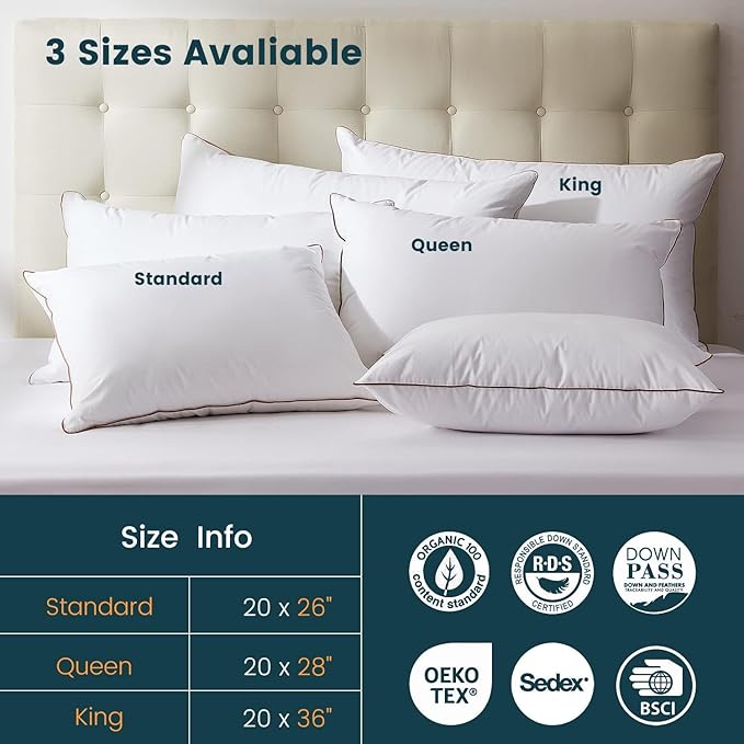 Hungarian Goose Down Pillows Queen Size, Bed Pillows for Sleeping, Pillow for Back, Stomach or Side Sleepers, 2 Pack, Queen (20" x 28")