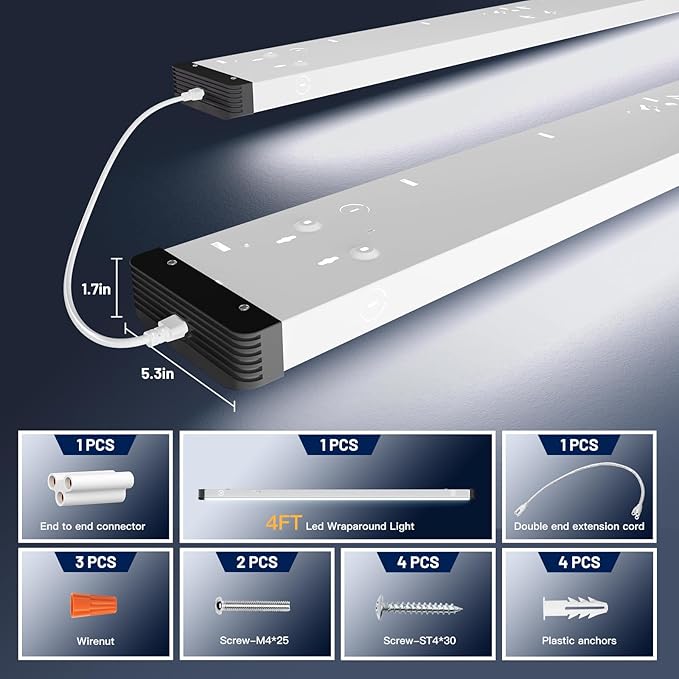 BBOUNDER 6 Pack 4FT LED Wraparound Light with 3CCT Selectable, 4000K/5000K/6500K, Super Bright 5500LM 50W 4 Foot Fluorescent Light Fixture, Flush Mount Office Ceiling Light for Kitchen Garage, Black