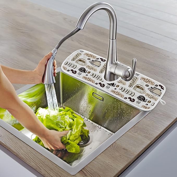 Coffee Theme Faucet Water Catcher Mat 2 Pack Coffee Cup Beans Drying Mat Absorbent Bathroom Faucet Handle Drip Catcher Tray Bar RV Kitchen Sink Splash Guard 30x5 Inches