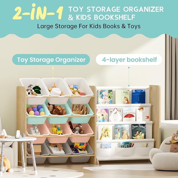 Kids Toy Storage Organizer - Toy Organizer with Kids Bookshelf, Toy Storage with 12 Toy Multi-color Bins and 4 Book Shelves, Toy Organizers and Storage for Playroom, Nursery, Kids Room, Burlywood