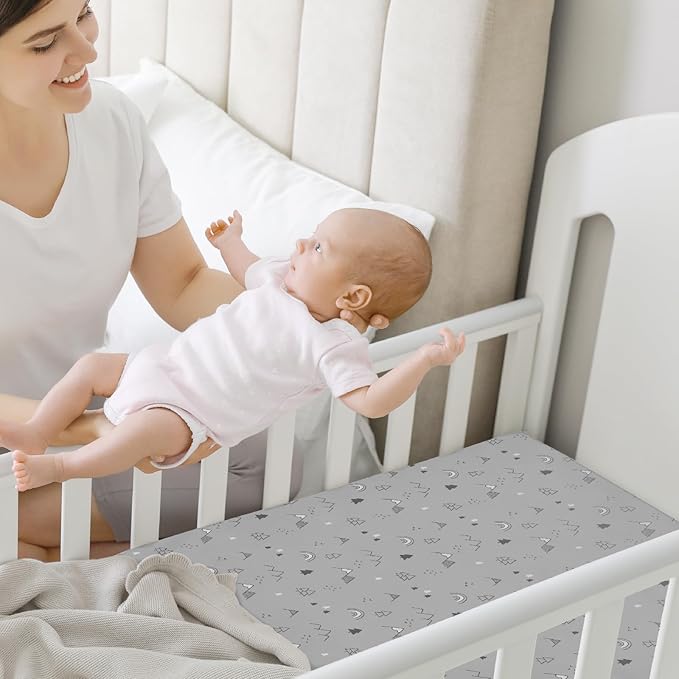 2-Pack Mini Crib Sheets Fitted, Pack and Play Sheets - Organic Cotton Pack N Play Sheets for Pack and Play Mattress, Playard Baby Crib Sheets, Jersey Crib Sheets Neutral for Boys, Girls (Woodland)