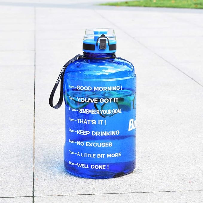 QuiFit 1 Gallon Water Bottle - 128 oz Water Bottle with Times to Drink - BPA Free Motivational Water Bottle with Infuser - Large Water Bottle - Sports Water Bottle 1 Gallon in Gym(Blue, 1 Gallon)