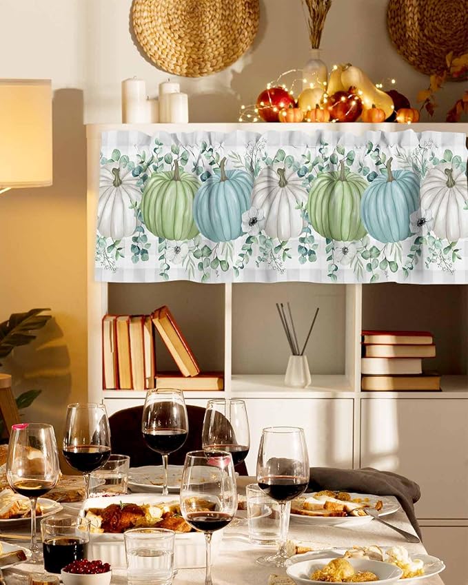 Fall Thanksgiving Kitchen Curtains Valances for Windows Autumn Pumpkins Eucalyptus Leaves Rod Pocket Window Treatment for Kitchen /Living Room/Bedroom/ Bathroom, 54" X 18", White Blue Green Gray Plaid