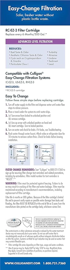 Culligan RC Change Advanced Water Filtration Replacement Cartridge, 500 Gallons, EZ-3 (Better), Color