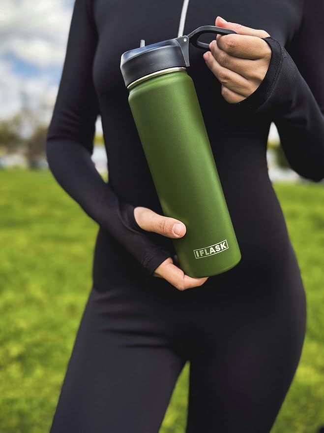 Sport Travel Outdoor Water Bottle with Spout and Straw Lids | Leak Proof | Insulated Stainless Steel Double Walled | BPA and Sweat free | Hot & Cold | For Kids Men & Women (Blue, 22 oz)