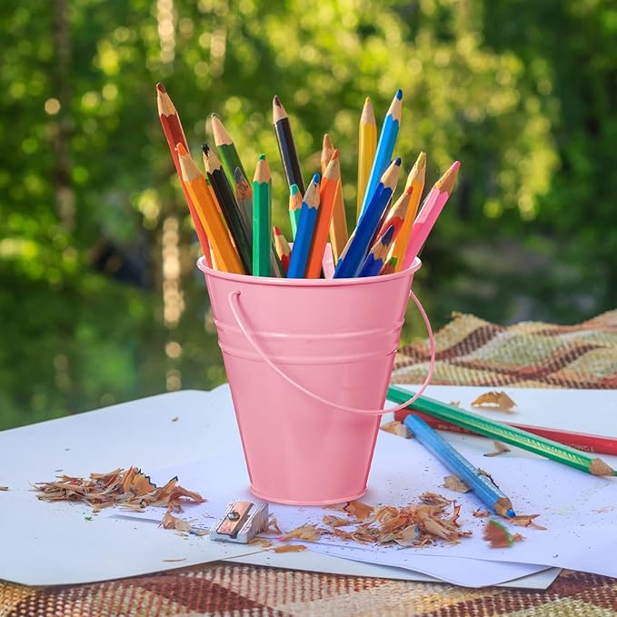 Sadnyy 12 Pack Metal Buckets with Handle, Galvanized Bucket 4.5 x 5 Inch Basket Bucket for Kids, Kids Party Supplies, Crafts for Christmas Halloween Christmas Candy Bars Vase Crafts(Pink)
