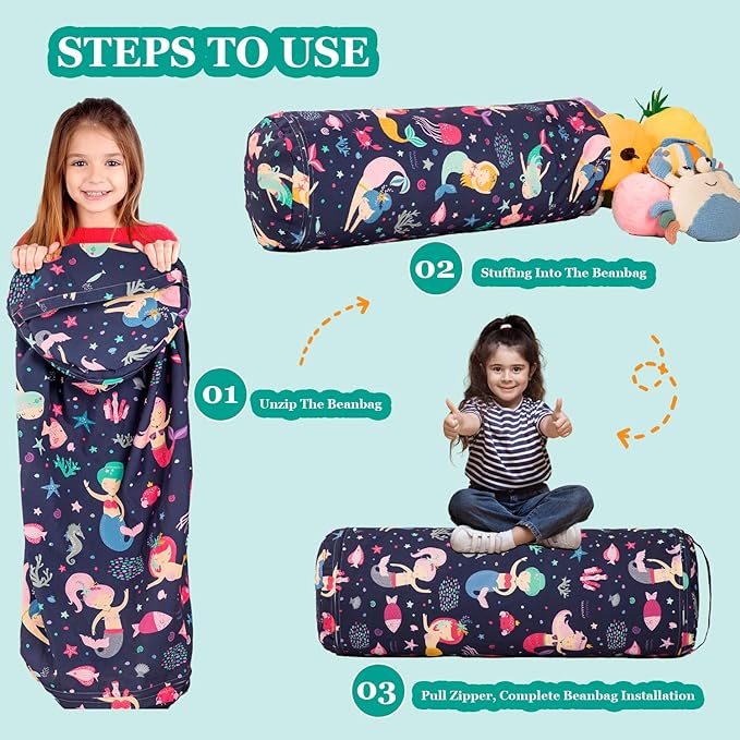 Stuffed Animal Bean Bag Storage Chair for Kids Cover Only (No Filler), Organize, Sit, Play & Boxing, 100% Cotton Canvas Washable, Ultra Soft Cylinder Long Vertical Zipper Best Gift for Child