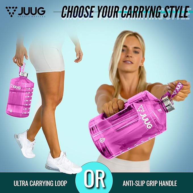 JUUG 1 Gallon Water Bottle with Times to Drink - Gallon Water Jug with Handle - 128oz Leakproof BPA Free Bottle for Gym Fitness- One Gallon Water Bottle with Motivational Time Markers