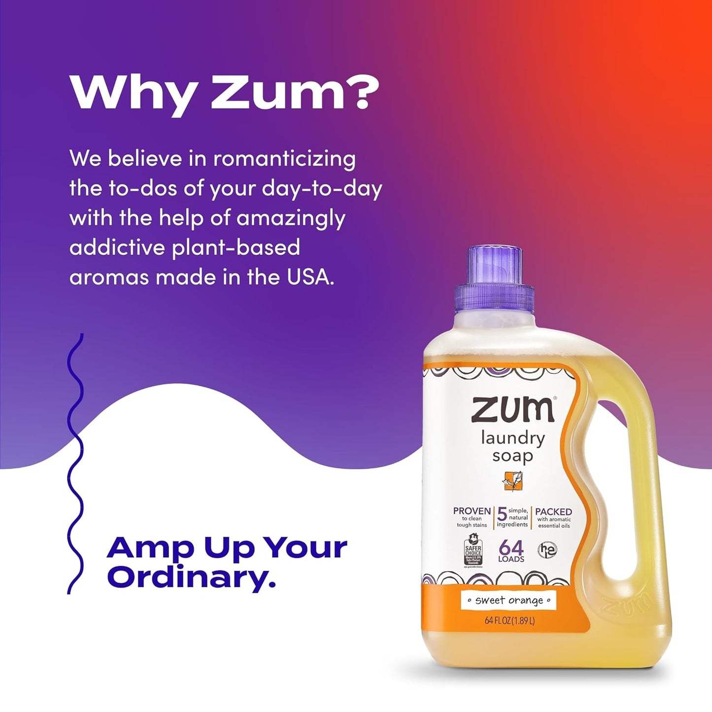 Zum Laundry Soap by Indigo Wild - Liquid, Plant-Based Soap with Baking Soda, Essential Oils, Coconut Oil & More - Wash Up to 64 Loads - Sweet Orange - 64 fl oz (2 Pack)