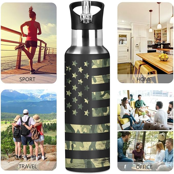 senya 20 Oz Water Bottle with Straw Usa Flag Camouflage Vintage Stainless Steel Water Bottle for Traveling Sports Leakproof Insulated Water Bottle