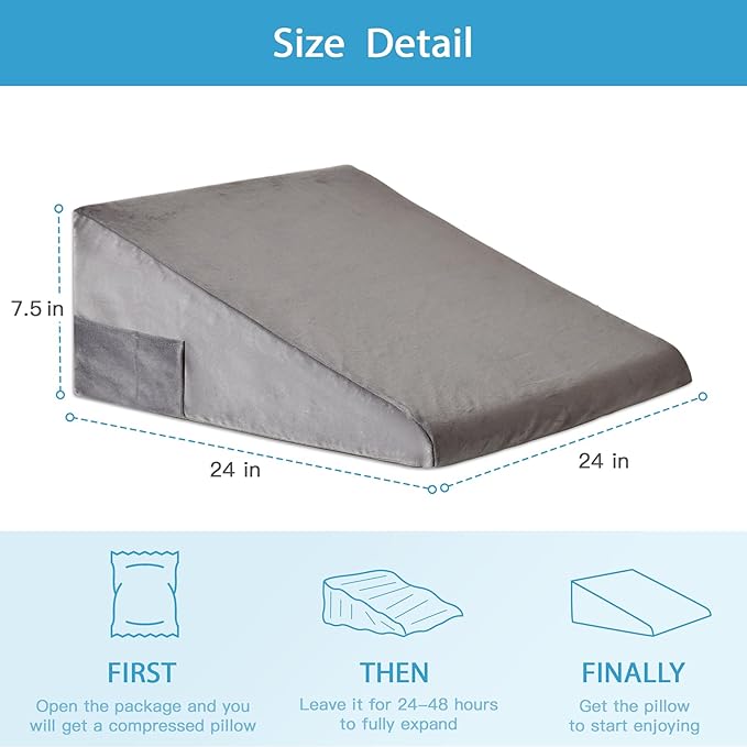 Wedge Pillow for Back Pain Relief, Bed Wedge Pillow for Sleeping 24×24×7.5 Inch Memory Foam Anti Snore Pillow, Triangle Pillow Wedge for Sleeping Acid Reflux, Gerd, Elevated Pillow Short Plush