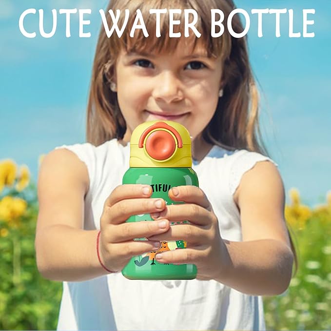 Kawaii Water Bottle with Sleeve Straw and 3 Lids, Cute Water Bottle Double Insulated and Portable Leakproof 15 oz Water Jug for School Sports Travel (GREEN)