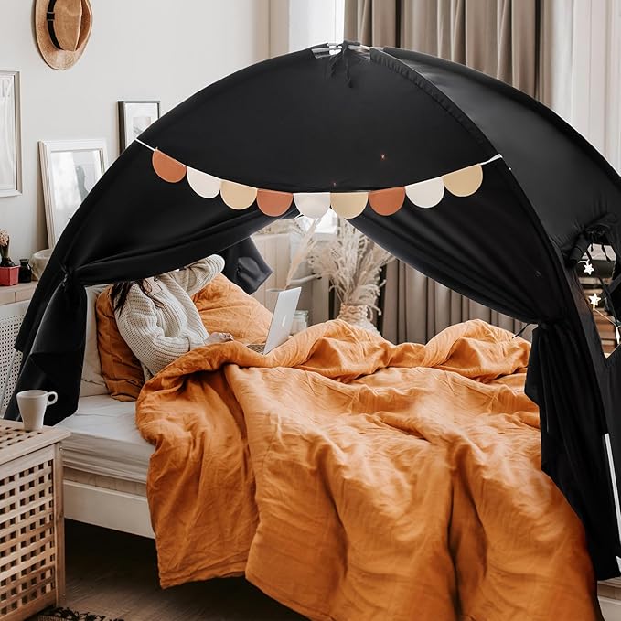 Twin Size Bed Canopy Bed Tents Dream Tent on Bed Privacy Space Blackout Sleeping Tents Indoor Breathable Portable Cottage Drafty Room Floor Bed Tents (Black)