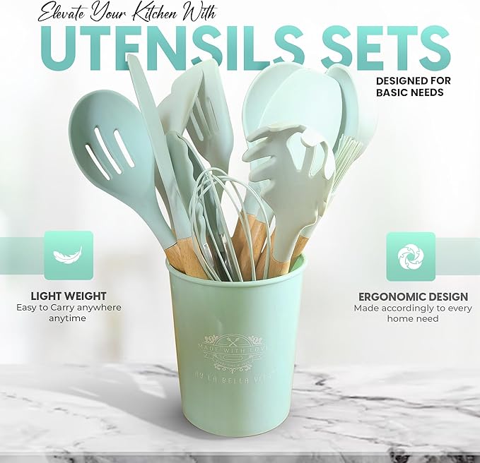 Silicone Utensil Set, 12 PCS Wooden Handle Nontoxic BPA Free 100% Food Grade Silicone Spoon Spatula Ladle Turner Tongs Kitchen Gadgets Utensil Set for Nonstick Cookware (Light Green)