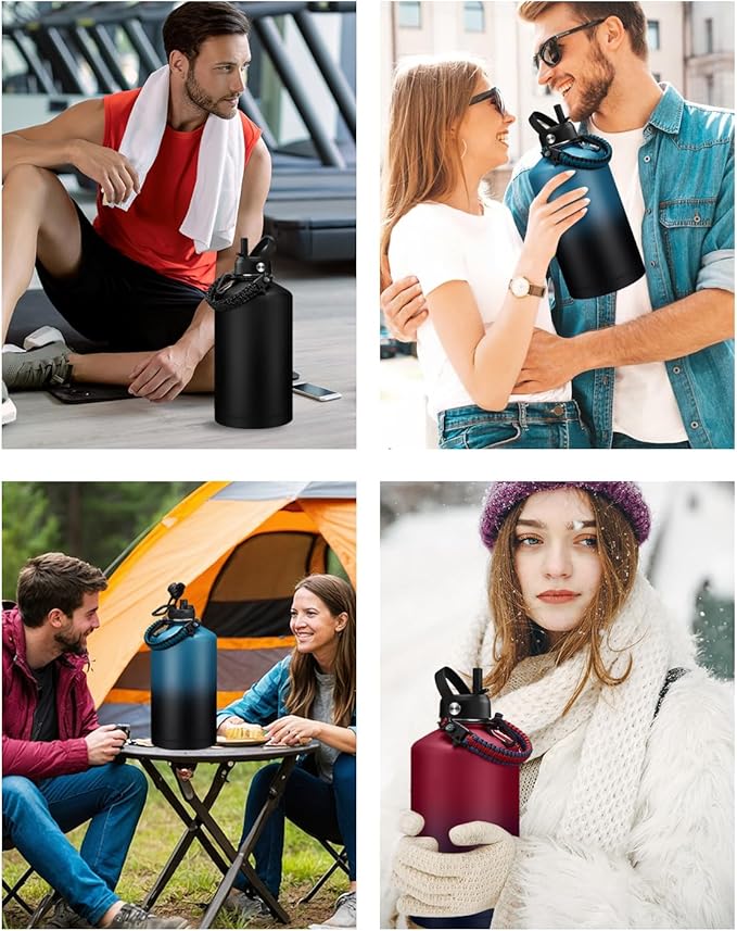 Insulated Water Bottle 64 oz - Keep Cold 48Hrs Hot24 Hrs, 1/2 Gallon Water Jug with Straw, Auto Spot Lid, Triple Wall Vacuum Stainless Steel Sports Water Bottle, Metal Half Gallon Jug