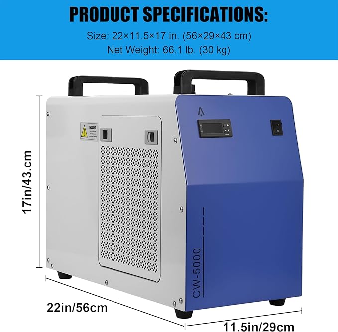 CW-5000 Industrial Water Chiller, 7L 1.14HP 2.64gpm CW-5000 Water Cooling System for 40W 50W 60W 70W 80W 90W 100W CO2 Laser Engraving & Cutting Machines, Laser Chiller Cools 3868 BTU/Hour