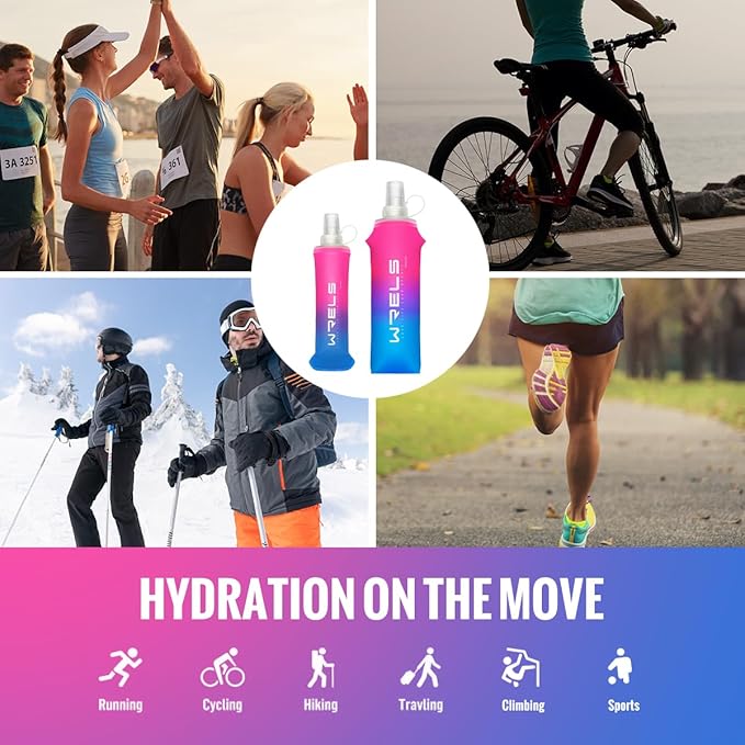 Collapsible TPU Soft Flask,Reusable Handheld Soft Water Bottle for Hydration Pack,BPA Free Gradient Folding Water Flask for Running Cycling Climbing (Rose Red&Dark Blue-500ml*2)
