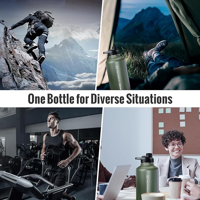 OneTigris Tactical Half Gallon Water Bottle with Straw - 64 oz Vacuum Insulated Stainless Steel Water Jug, Leakproof Sport Bottle with 3 BPA Free Lids, Paracord Handle & MOLLE Water Pouch for Outdoor