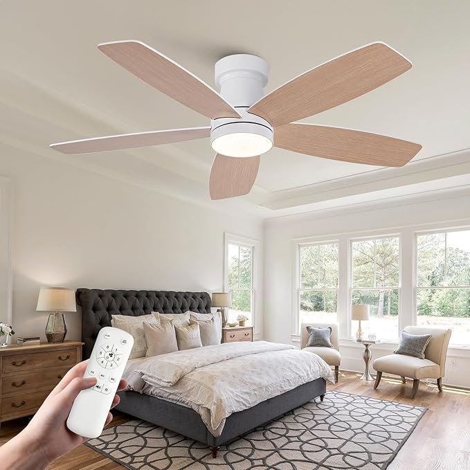 42 inch Ceiling Fans with Lights and Remote,Flush Mount White Ceiling Fan,Memory Fuction Reversible Quiet DC Motor Low Profile Ceiling Fans For Living Room Bedroom Outdoor(White&Natural Wood)