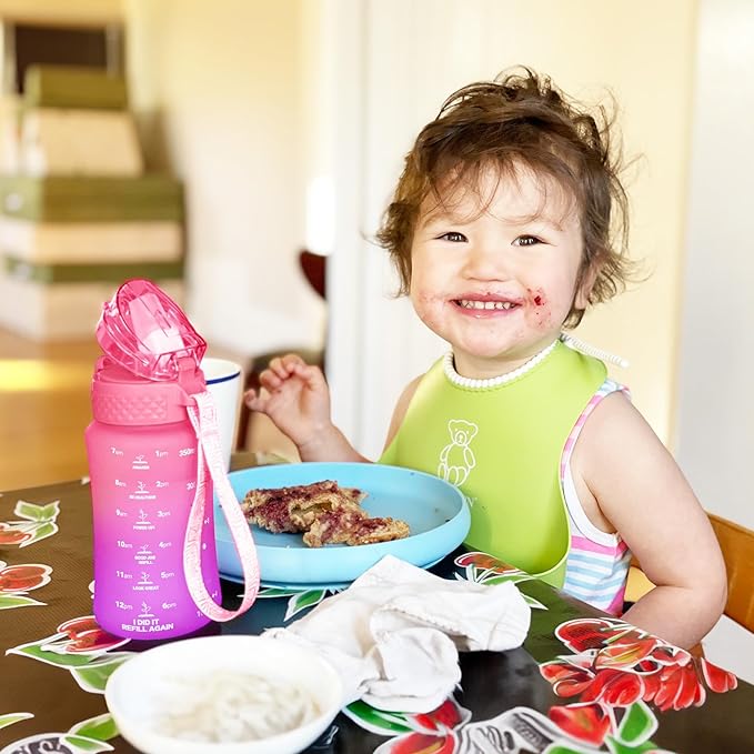 OLDLEY Kids Water Bottle for School, 12 oz (2 lids) BPA-Free Reusable Leak-proof Durable Tritan Plastic Water Bottles with Straw & Chug Lids, Anti-dust Spout Cover (Sweet Pink)