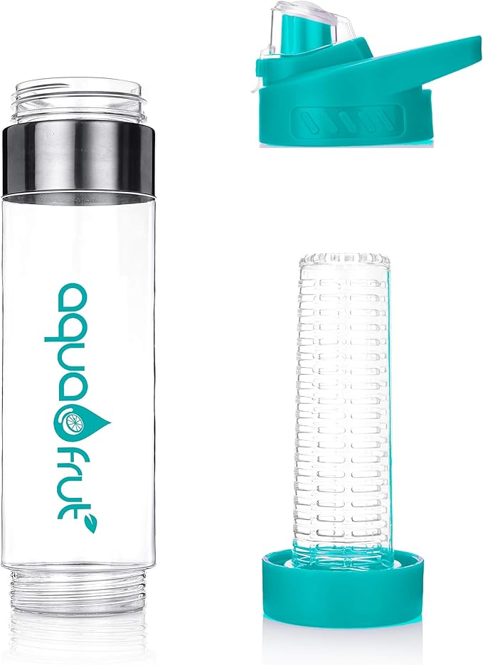 NEW AquaFrut Bottom Loading Fruit Infuser Water Bottle - BPA Free Tritan Plastic - Leak Proof - 24 OZ - Infusion Recipe eBook (Teal)